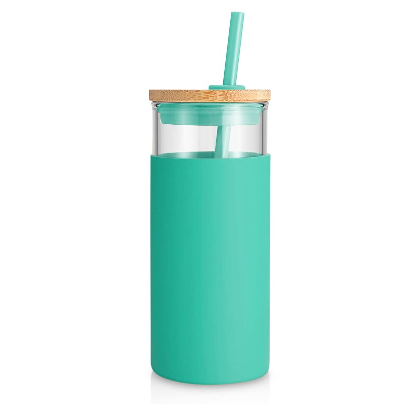 Tronco 20 oz Glass Tumbler with Lid and Straw, Iced Coffee Cup and Smoothie Cup with Bamboo Lids & Protective Silicone Sleeve, Dishwasher Safe, BPA-Free, Glass Cup 1 Pack - Image 1